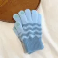Soft knit touchscreen gloves featuring wave stripes and cute paw details for cozy winter wear. - One Size / Blue