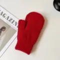 Red rabbit hair knitted mittens for women, winter warm thick solid color cozy cute gloves. - Red