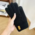 Men's winter warm knitted touchscreen gloves, thickened fleece lined outdoor cycling gloves. - One Size / NLD Single Brushed Style / Black