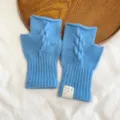 Korean style solid blue knitted fingerless gloves for women, warm winter cable knit design. - One Size / Blue