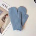 Women light blue knitted mittens winter warm thick fleece lined solid color cute soft gloves - Blue