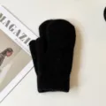 Black rabbit hair winter mittens, warm plush thick windproof gloves for women. - Black