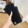 Black winter knitted warm gloves for men, touchscreen 5-finger thermal outdoor gloves. - One Size / Deer Label Single Brushed Style / Black