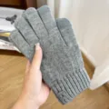 Men's grey knitted touchscreen gloves, winter warm thermal five-finger gloves for outdoor. - One Size / Deer Label Single Brushed Style / Light Gray