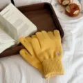 Knit touch screen gloves with cute bear embroidery, cozy winter warm winter accessory details. - One Size / Yellow
