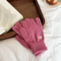 Korean style dopamine solid color knitted touchscreen gloves with cute bear embroidery. - One Size / Rose Red