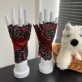 Red black lace fingerless gloves summer breathable floral dance performance arm warmers - One Size / Burgundy