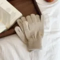 Cozy beige knit gloves with cute bear embroidery, touch screen exposed fingers design. - One Size / Off White