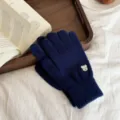 Korean style solid color knitted touch screen gloves with cute bear embroidery for winter. - One Size / Navy Blue