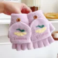 Women half-finger flip gloves winter warm thickened knit wool cute fruit embroidery mittens - One Size / Purple