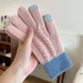 Detailed close-up view of pink and blue knit touchscreen gloves featuring cozy cable pattern. - One Size / Pink