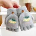 Gray knit half-finger flip gloves with cute lemon pattern, warm winter wool winter gear. - One Size / Gray