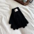 Black rabbit hair warm winter gloves for women, fleece-lined soft knitted touchscreen gloves. - One Size / Black
