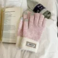 Women's winter pink knit touch screen gloves colorblock warm thick fleece lined outdoor mittens - One Size / Pink