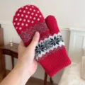 Cozy red knit winter mittens with white snowflake pattern for cold weather outdoor wear - One Size / Red
