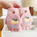 Women winter warm knit half finger flip gloves pink cute lemon embroidery thick cozy mittens - One Size / Pink