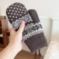 Brown knit snowflake mittens detail closeup, thick warm winter thermal windproof gloves for couples. - One Size / Coffee