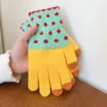 Close-up knit winter gloves colorful cuff fingertip touch screen detail show now. - One Size / Yellow