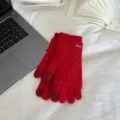 Red knit touch screen gloves for women winter warm hollow out fashion two piece set items - Red