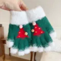Christmas tree fuzzy knit gloves winter warm thick touch screen full finger detail view. - Adult [Two-Finger Touchscreen] / Green