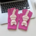 Cute pink winter warm knit gloves featuring playful cat tail detail, cozy accessory detail. - One Size / Rose Red