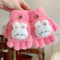 Guantes peludos rosados sin dedos con lindo diseño de conejo blanco otoño invierno niños. - 7-15 Años / Rosa oscuro