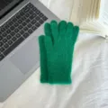 Green fuzzy knit gloves for women winter warm thermal five finger cozy daily wear soft style - One Size / Green