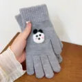 Grey knitted winter gloves for women with cute cartoon plush animal decor, warm and cozy. - Gray