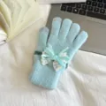 Blue knit touch screen gloves with cute lace bow, warm winter gloves for women daily wear. - One Size / Lake Blue