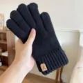 Men black knitted touch screen warm gloves autumn winter solid color full finger thermal gloves. - One Size / Black
