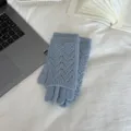 Blue knit gloves for women winter warm layered hollow out touch screen full finger - Blue