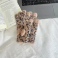 Stylish women's winter fluffy leopard print half finger gloves cute bow touch screen warm - One Size / Coffee