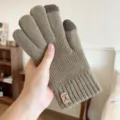 Men's knitted touch screen warm gloves autumn winter solid color outdoor cycling full finger - One Size / Light Coffee