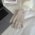 Women winter thick layered knit gloves touchscreen hollow out thermal beige mittens cozy style - Black