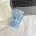 Cozy fuzzy blue leopard print bow gloves, soft winter faux mink warm fingerless gloves. - One Size / Blue