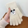 Cute cartoon panda knitted gloves for women, thick warm winter thermal mittens cozy gear. - Off White