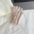 Korean style fluffy leopard print winter gloves with cute bow, thick warm plush design. - One Size / Camel