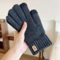 Men's dark gray knitted touchscreen thermal gloves with deer logo detail for outdoor winter. - One Size / Dark Gray