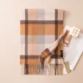 Luxury cashmere plaid scarf for women, warm winter fringe shawl, classic camel check wrap. - 7303-1 Silver Gray Camel Plaid