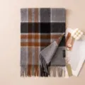 Women winter cashmere plaid scarf with fringe, soft and warm grey checkered shawl wrap. - 7303-3 Gold Camel Gray Plaid