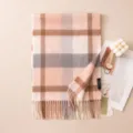Cozy winter plaid cashmere scarf with tassels, elegant thick warm neck wrap for women. - 7302-3 Apricot Orange Plaid