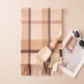 Women Cashmere Plaid Scarf Camel Brown Winter Warm Fringed Shawl Cozy Soft Neck Wrap - 7300-4 Beige Camel Plaid