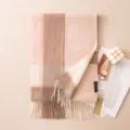 Cozy pink brown plaid cashmere scarf with fringe, elegant winter warm thick neck wrap. - 7302-5 Apricot Coffee