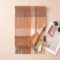 Classic British style plaid cashmere scarf for women, cozy winter warm winter neck wrap. - 7301-6 Camel Gray White