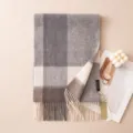 Cozy cashmere plaid scarf for women autumn winter thick warm tassel shawl elegant neck wrap - 7302-6 Gray