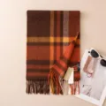 Winter warm plaid scarf with tassels, cozy cashmere feel fashion neck wrap for women. - 7300-8 Coffee Orange Plaid