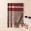 Elegante sciarpa in cashmere a quadri classica per donna inverno caldo con frange - 180*32 / 7298-3 Grigio Rosso Scuro