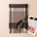 Autumn winter cashmere plaid scarf, classic grey and camel checkered neck warmer with chic tassels. - 7298-5 Gray Brown Plaid