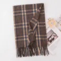 Bufanda de Cuadros Mujer Otoño Invierno Elegante Cálida Flecos Moda Pañuelo Casual Chic - Cuadros Café y Azul