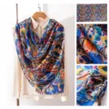 Pañuelo de seda con estampado abstracto colorido, bufanda larga y elegante para mujeres. - Flor Naranja Azul